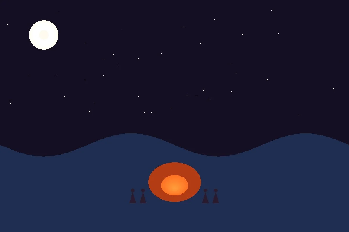 Friends gathered around beach bonfire at night